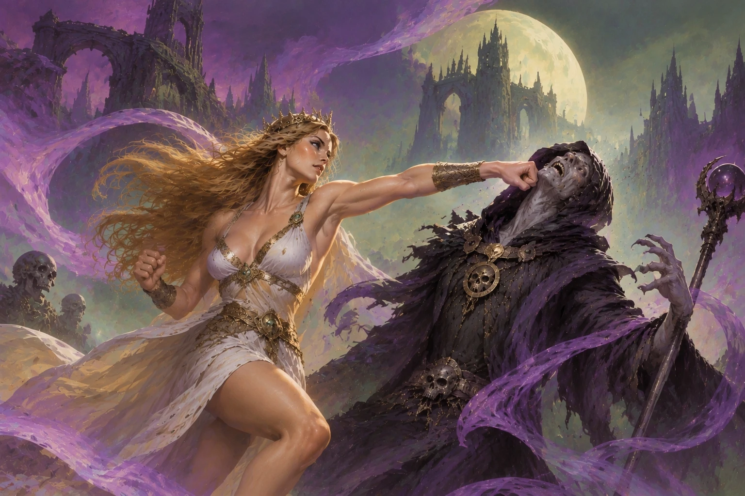 A crowned woman in a white and gold dress, her hair streaming, punches a hooded, grey-skinned lich with a skull-topped staff, among ruined gothic towers under a huge moon and swirling purple smoke.