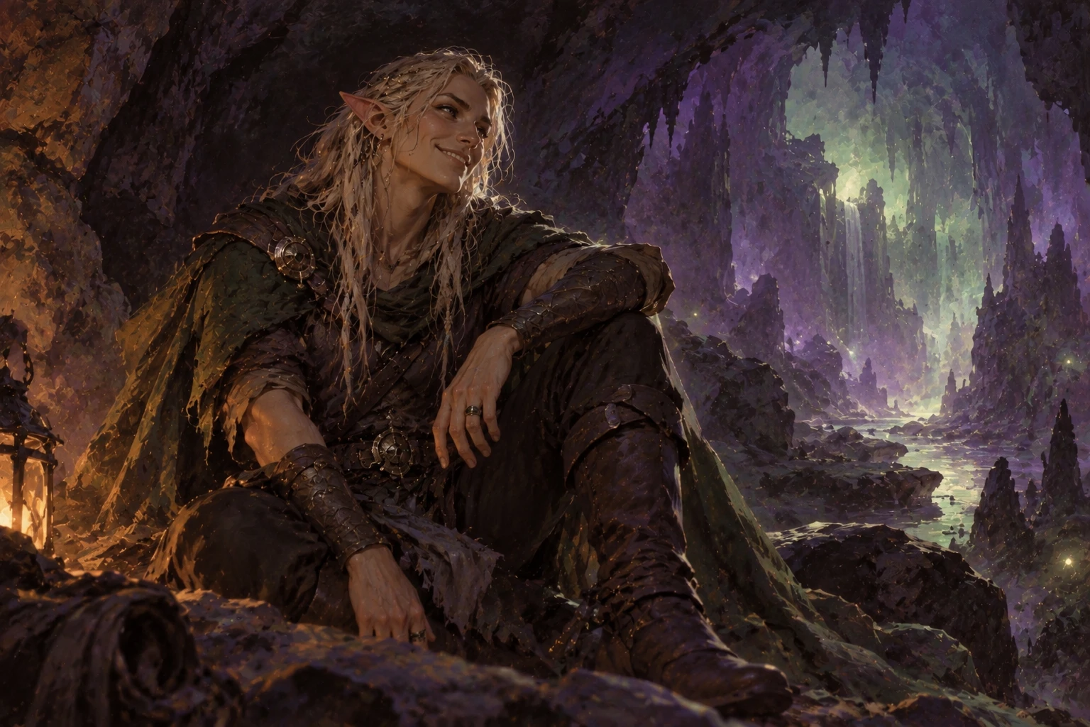 A smiling, pointed-eared man with long fair hair and a green cloak sits beside a lantern in a cave, with glowing purple stalagmites and a waterfall behind him.